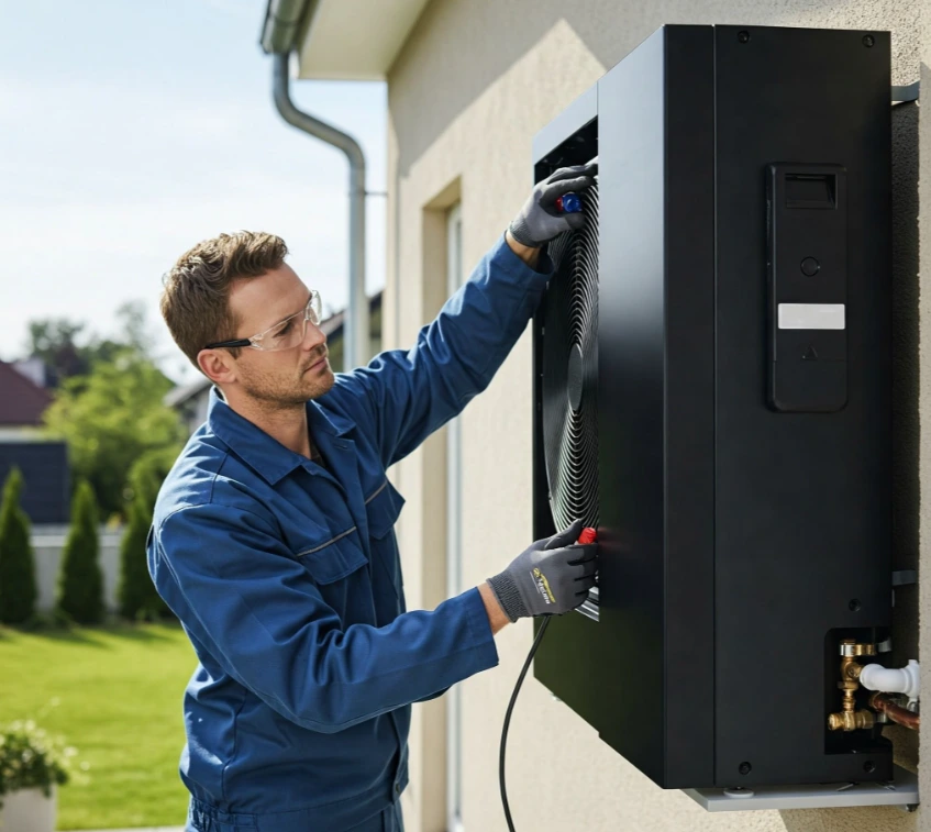 Fachmann bei der Wärmepumpe Installation an der Außenwand eines Einfamilienhauses bei sonnigem Wetter.