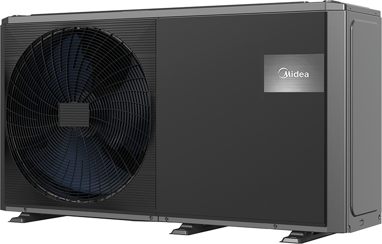 Schwarze Wärmepumpe vom Hersteller Midea.