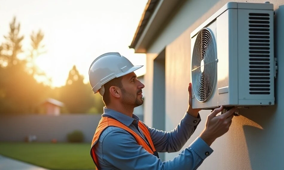Ein Klimatechniker installiert das Außengerät einer Split-Klimaanlage.