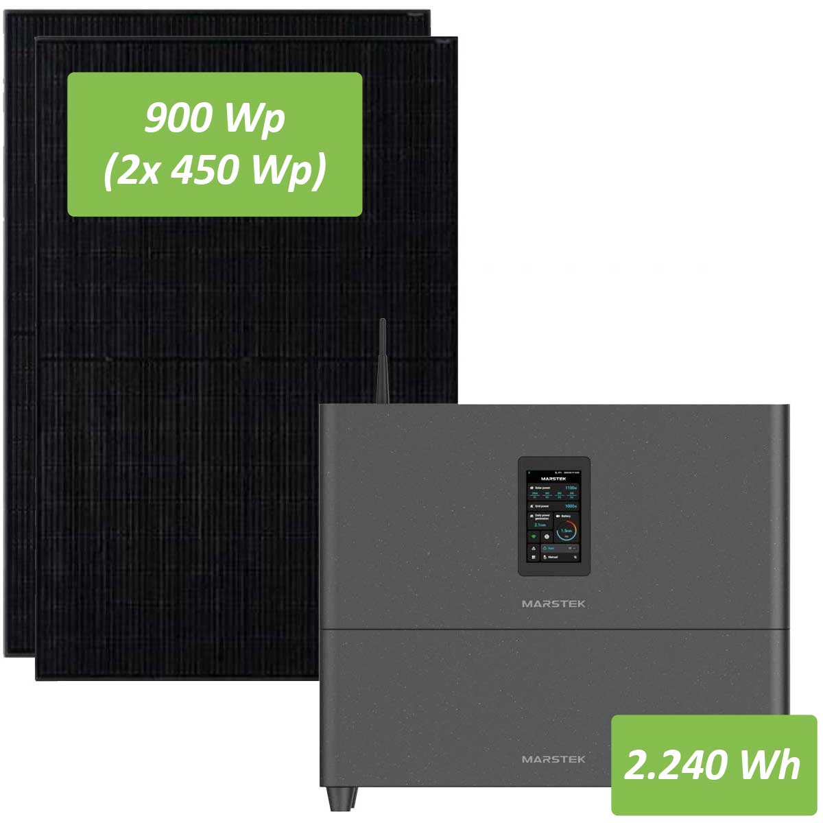 Marstek Jupiter C Plus 2,56kWh Solarspeicher + 2x Sunpro TopCon Mono 450 Watt Full Black Glas