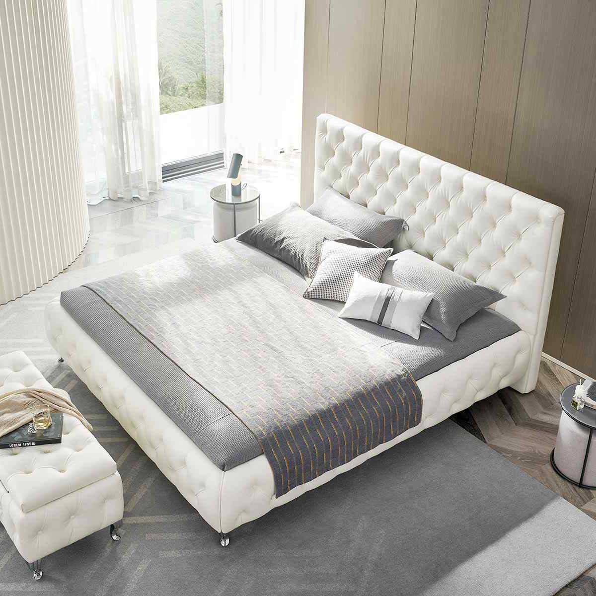 Design Polsterbett Amour in Weiß mit Lederknöpfen
