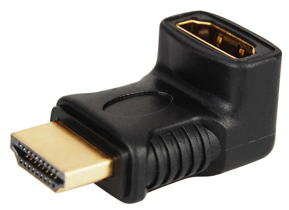 Der HDMI-Winkelstecker führt das Kabel nach oben ab und hat vergoldete Kontakte.