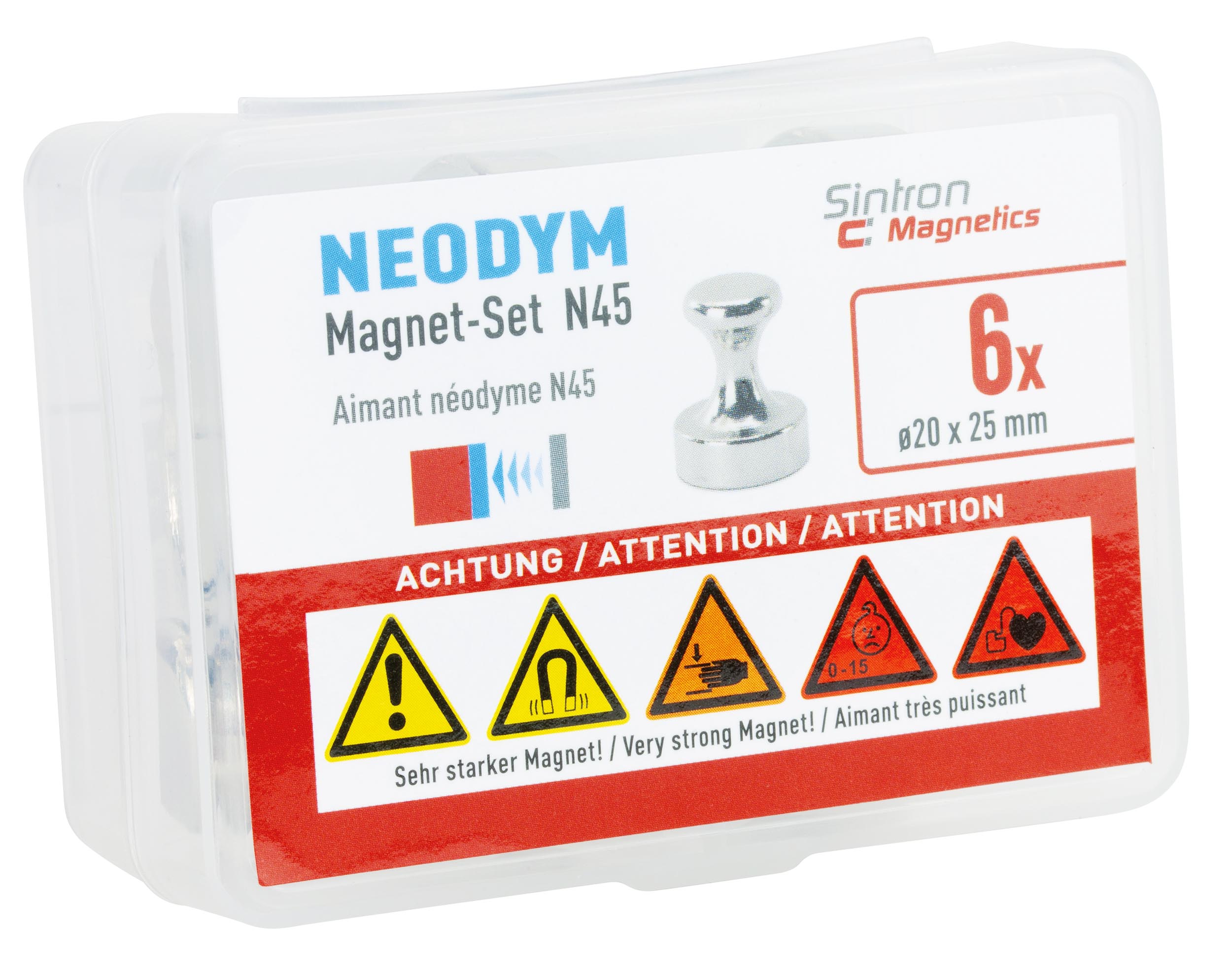 Neodym Magnetpins, 20 x 25 mm, 6 Stück, Packshot.