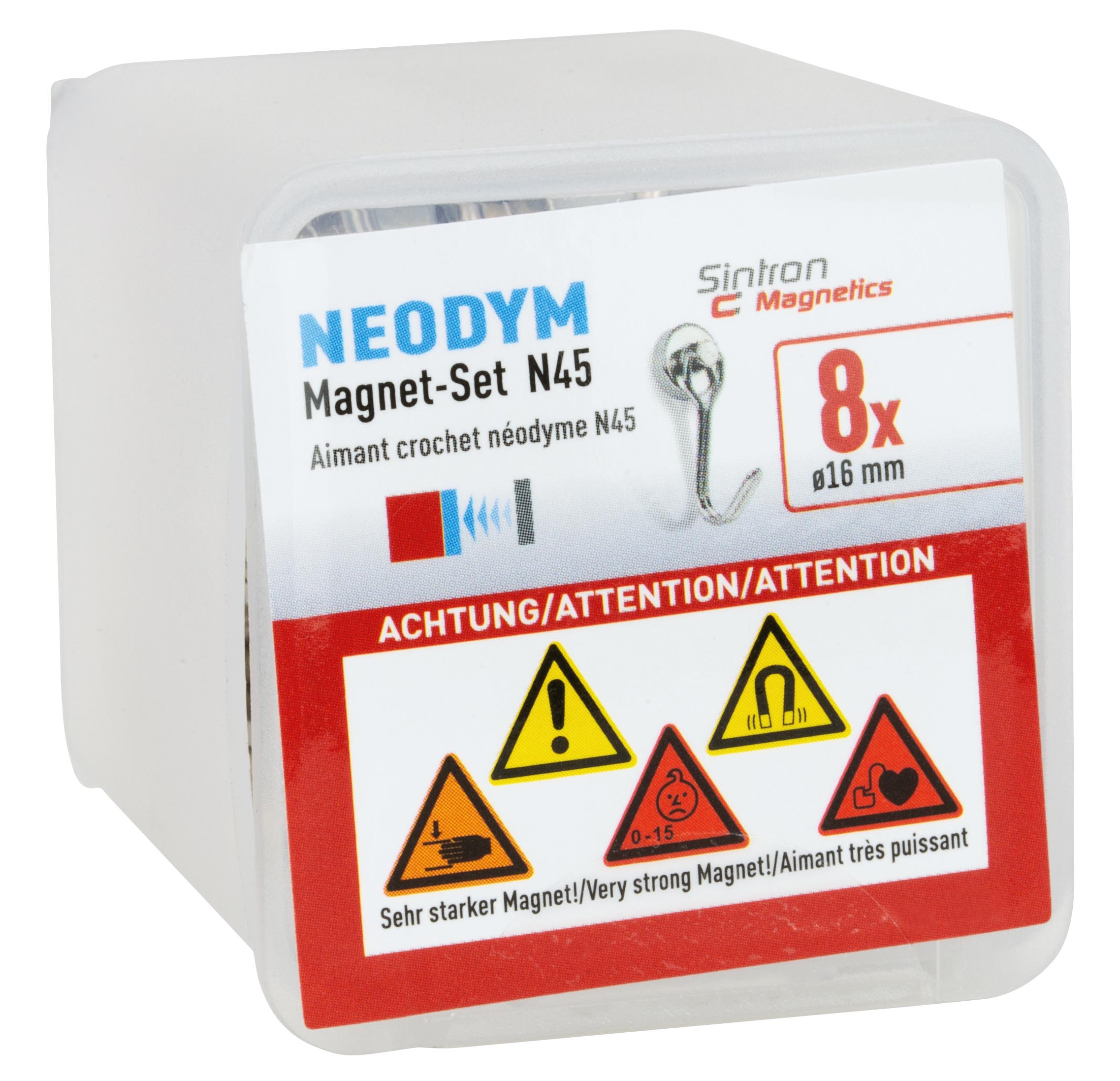 Neodym Magnethaken, 8 Stück, Ø 16 mm, Packshot.