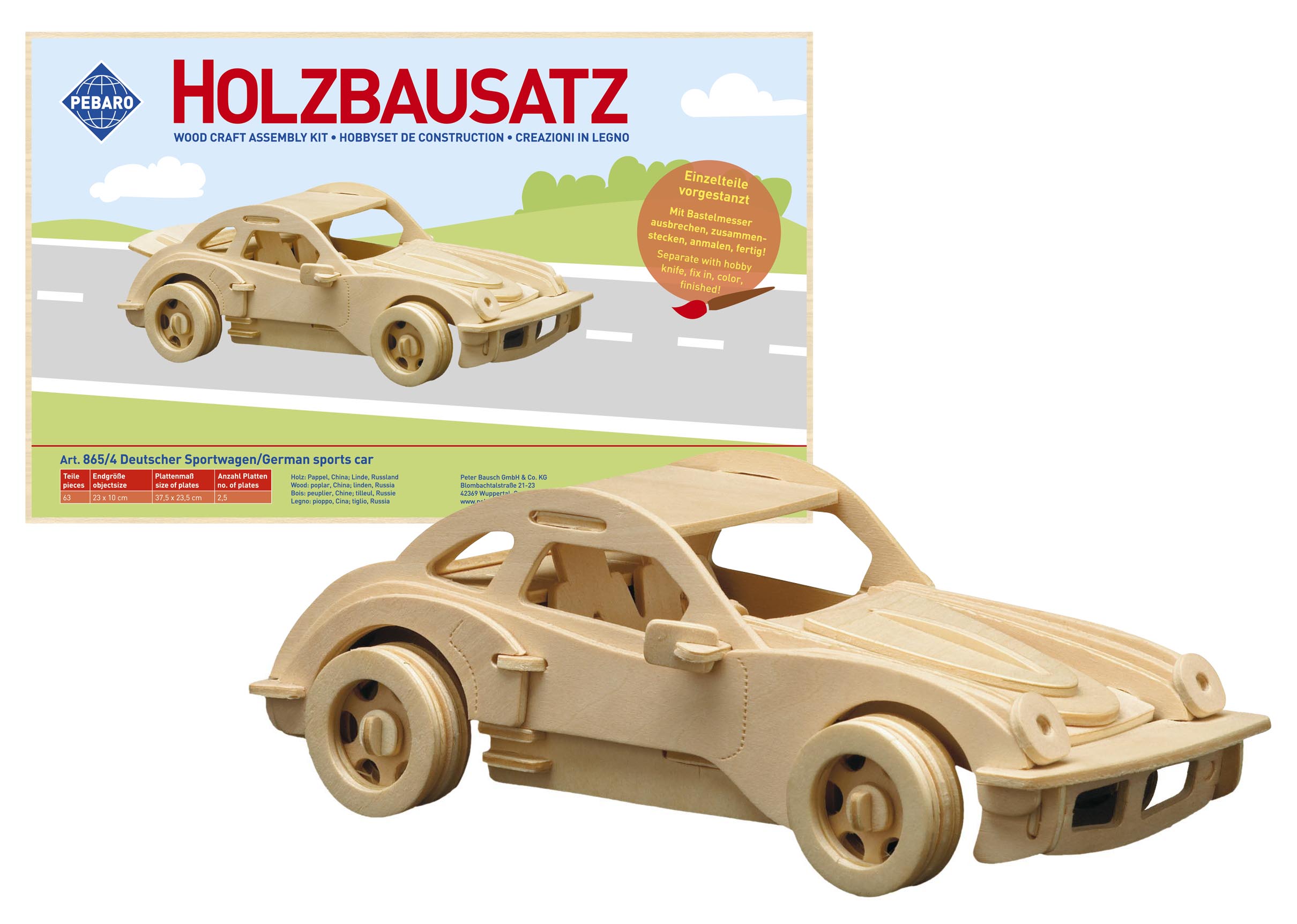 Der deutsche Sportwagen besteht aus Holz und kann individuell angemalt werden.