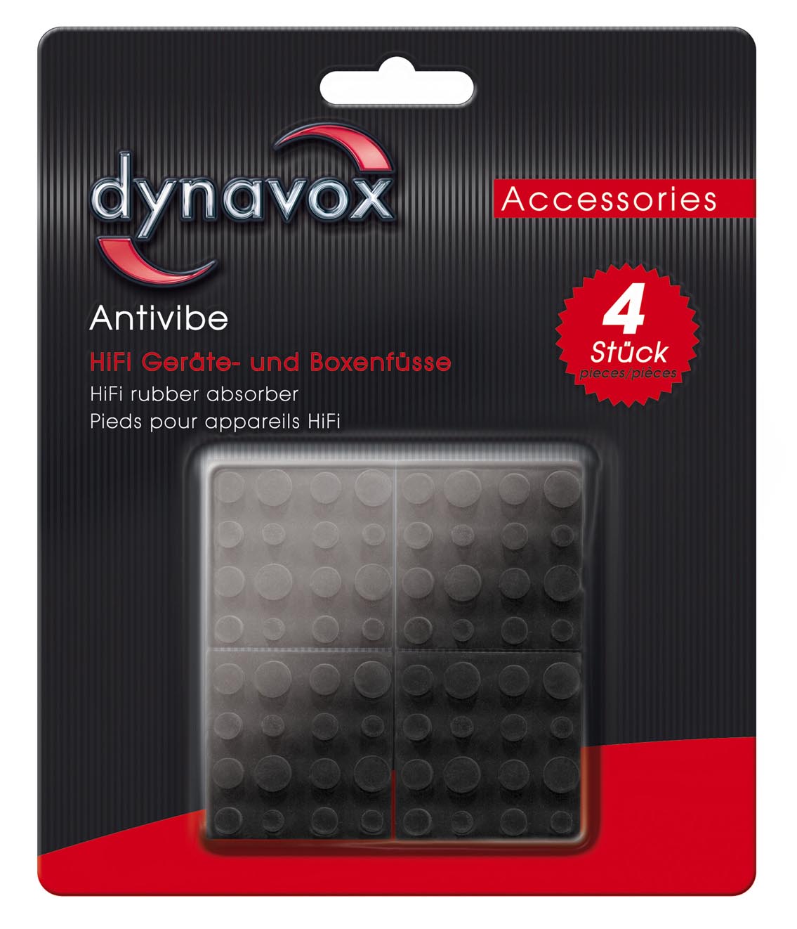 So werden die quadratischen Dynavox Antivibe-Füße geliefert.