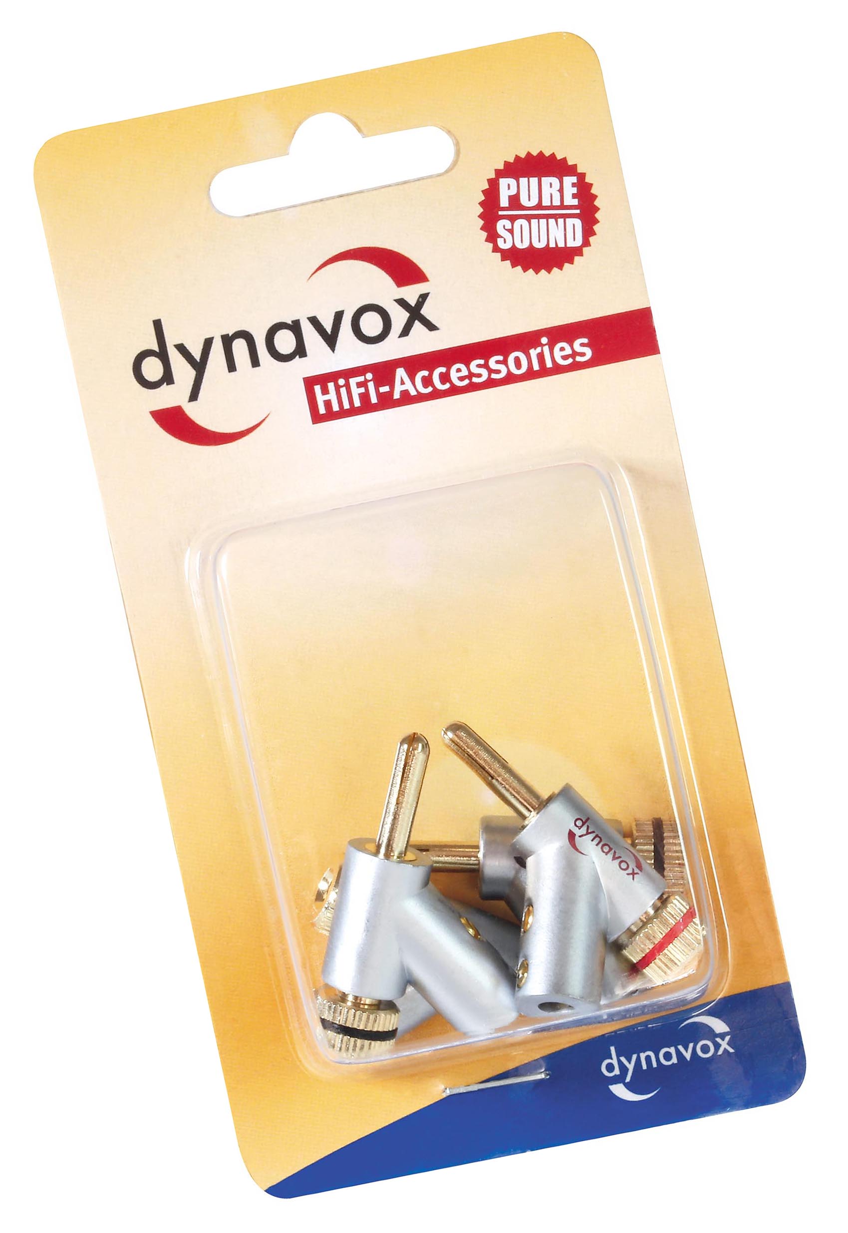 Dynavox Bananenstecker mit Spreizfixierung abgewinkelt Packshot.