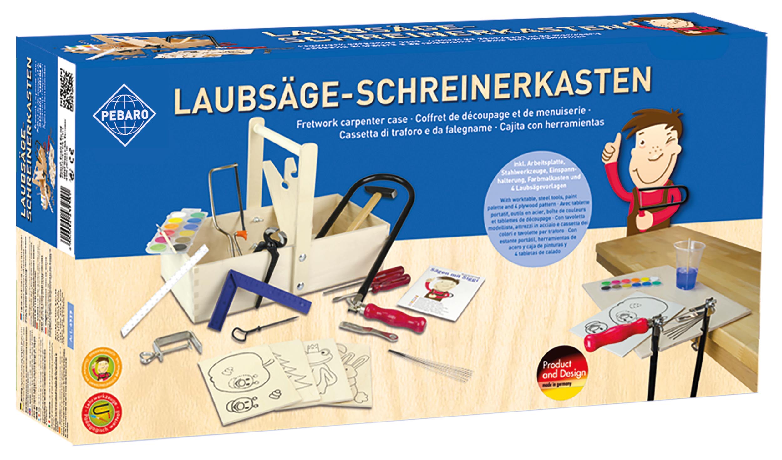 Pebrao Laubsägeset in Schrinerkiste mit Arbeitstisch Packshot.