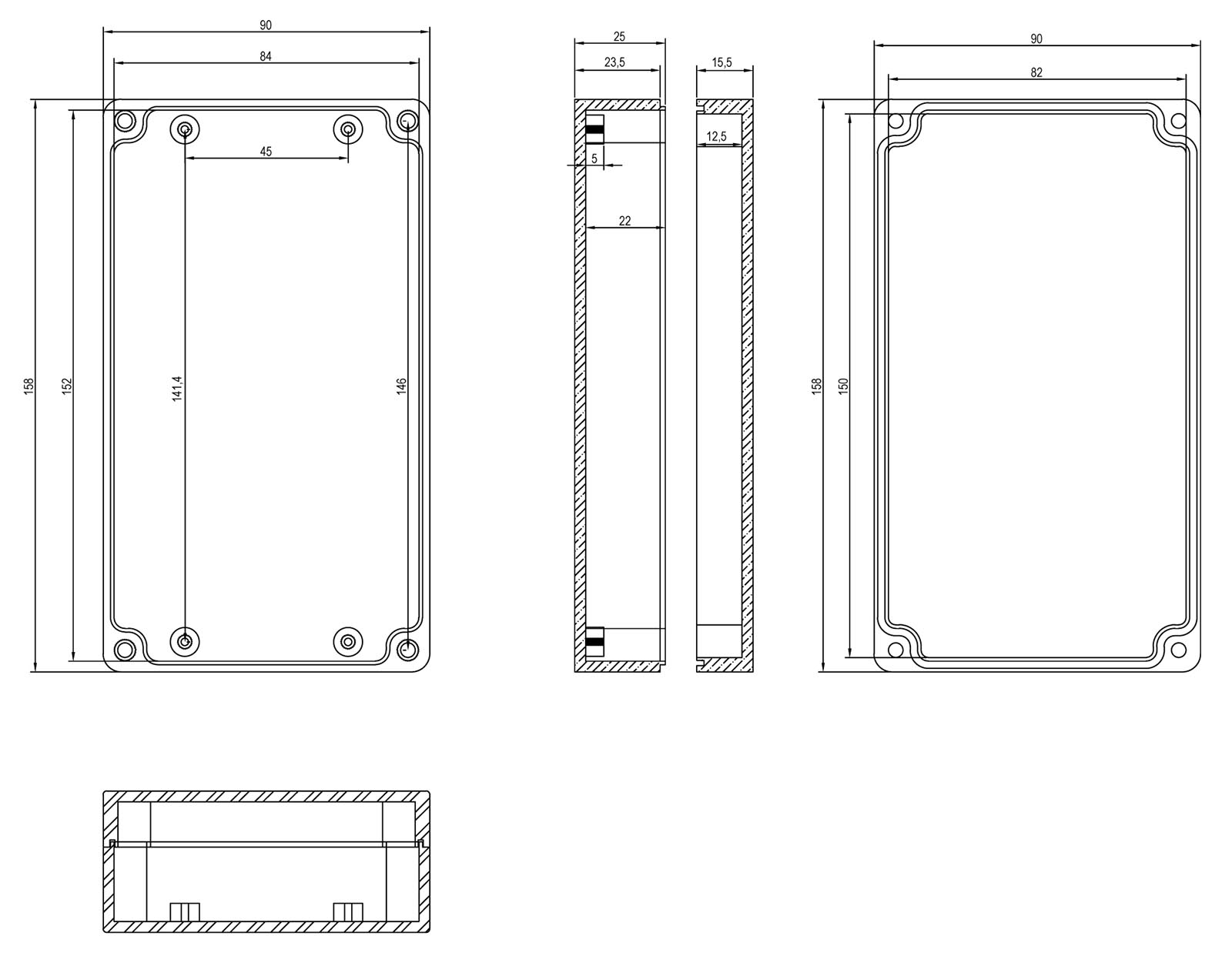 Übersicht Maße des Modulgehäuses.