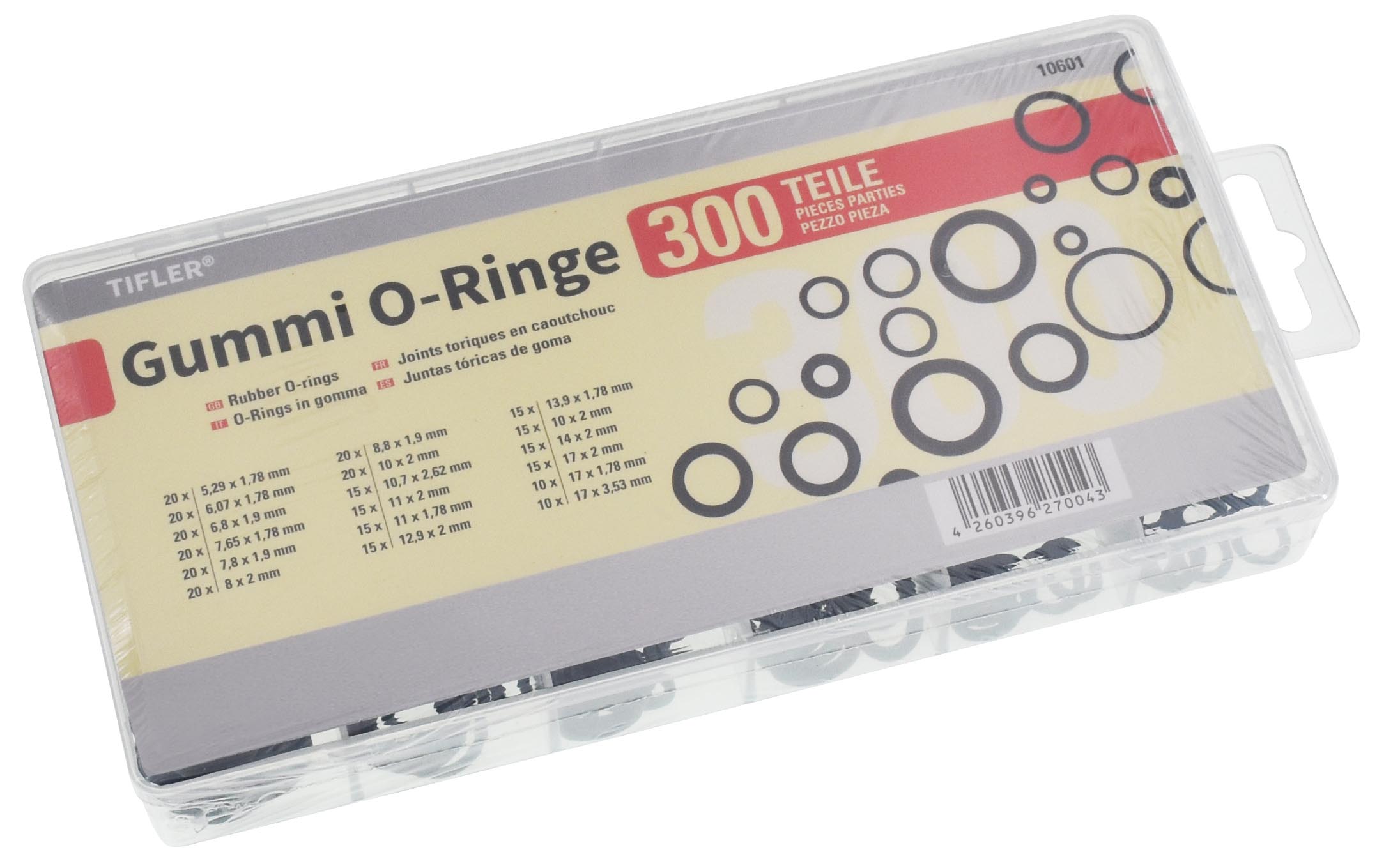 So wird das Tifler Gummi O-Ringe Sortiment mit 225 Teilen geliefert.