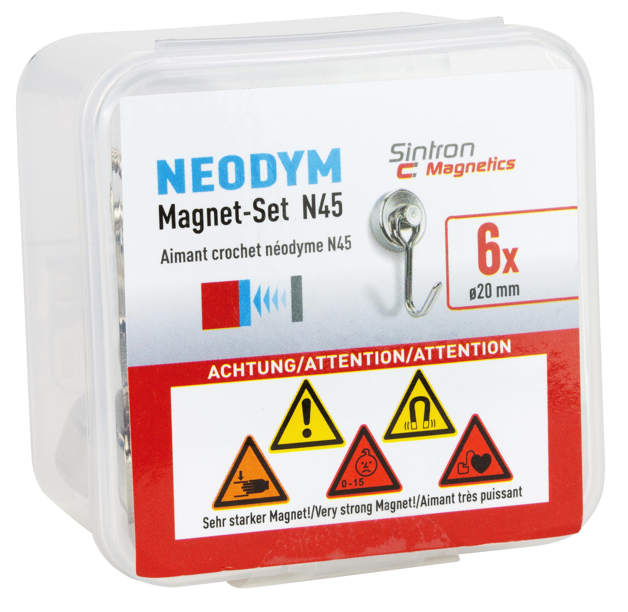 Neodym Magnethaken, 6 Stück, Ø 20 mm, Packshot.