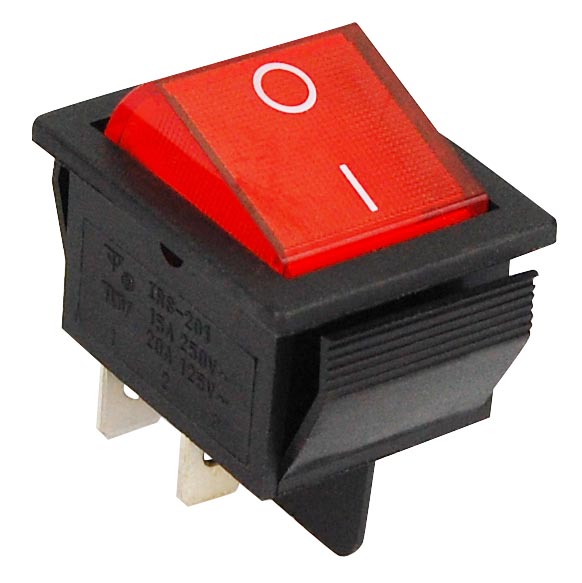 Der Schalter mit Roter Wippe hat einen weißen Aufdruck O - I