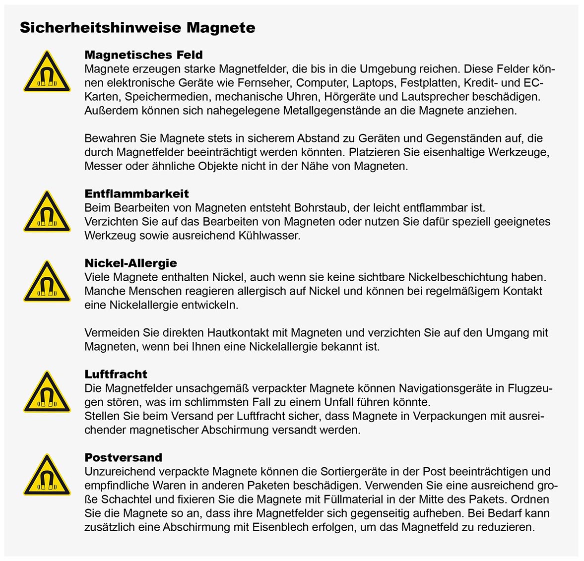 Selbstklebende Neodym-Magnete Sicherheitshinweise Umgang.