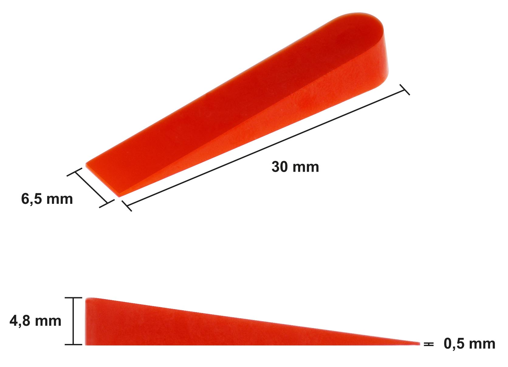 Die Fliesenkeile haben die Maße von 30 x 6,5 mm und die Höhe von 0,5 - 4,8 mm.