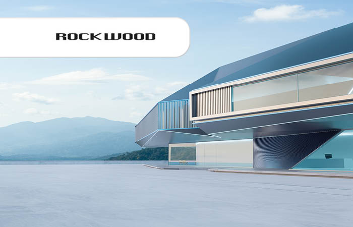 Rockwood-Logo mit futuristischen Gebäude