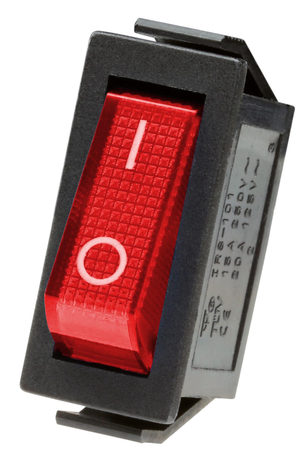 Die schmale rote Wippe des Schalters hat einen weißen O-I (An/Aus) Aufdruck.