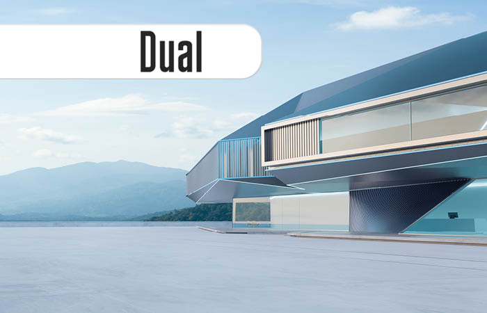 Dual-Logo mit futuristischen Gebäude