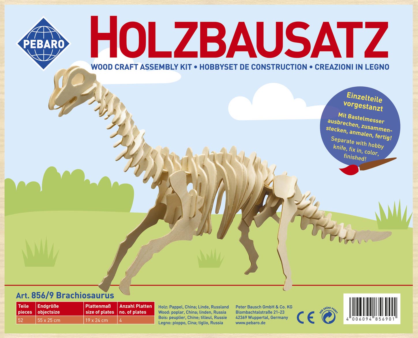 So wird der Pebaro Brachiosaurus Holzbausatz geliefert.