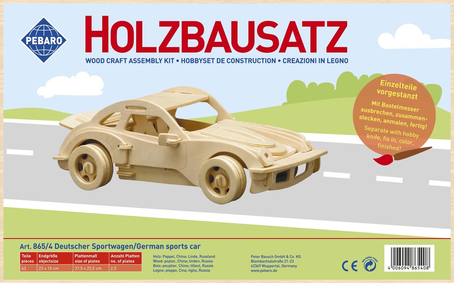 So wird der Pebaro Holzbausatz deutscher Sportwagen geliefert.