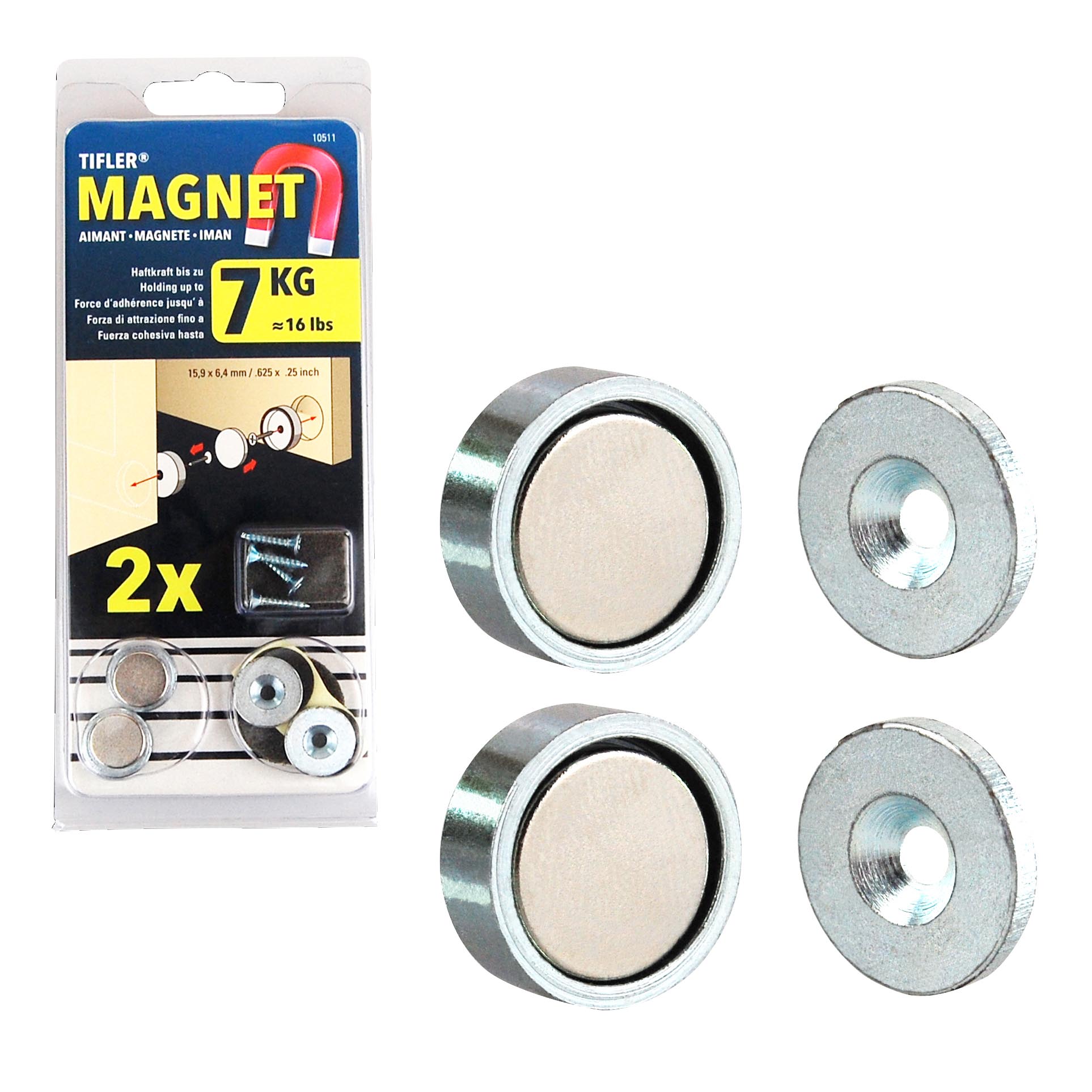 Starke Neodym-Magnete halten sich in den Näpfen der Magnetschnapper.