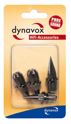 So werden die schwarzen Dynavox Spikes zum Einbau geliefert.