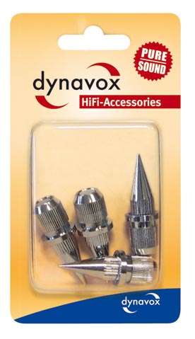 So werden die chromfarbenen Dynavox Spikes zum Einbau geliefert.