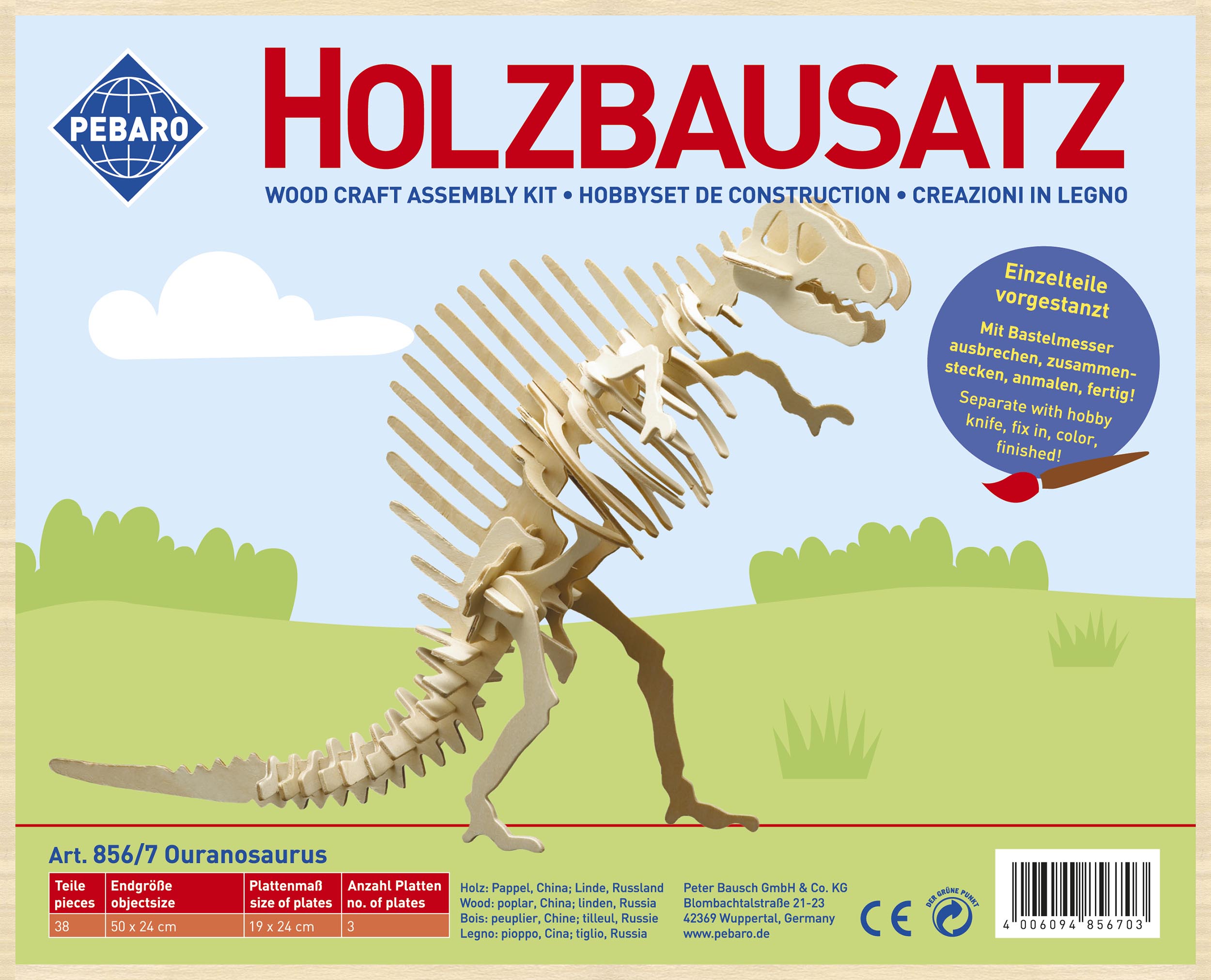 So wird der Pebaro Ouranosaurus Holzbausatz geliefert.