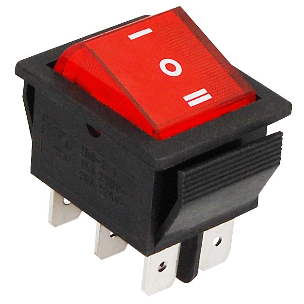 Der Schalter mit roter Wippe hat 3 Schaltstellungen und einen weißen Aufdruck I - O - II.