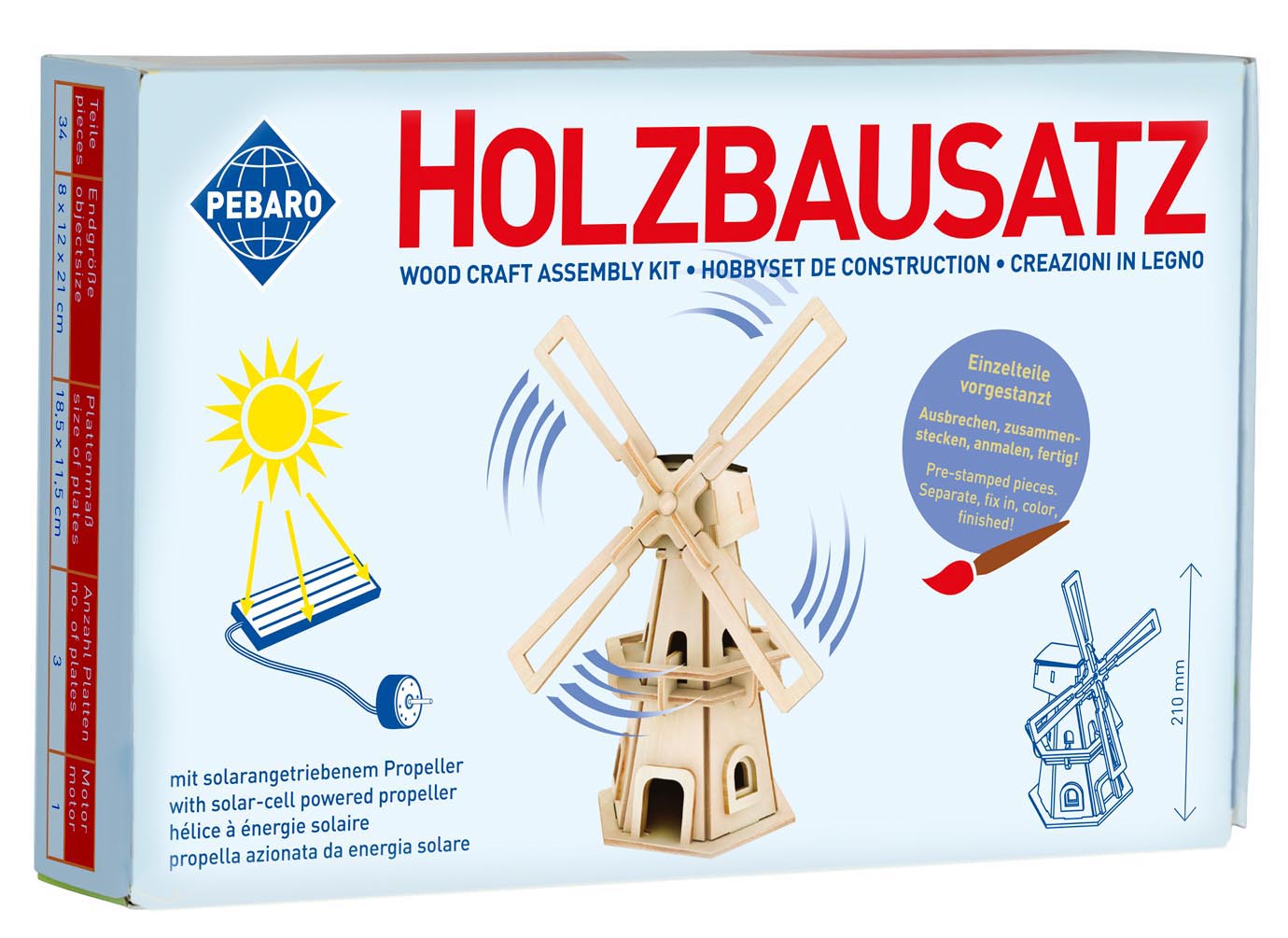 So wird der Pebaro Solar Holzbausatz Windmühle geliefert.