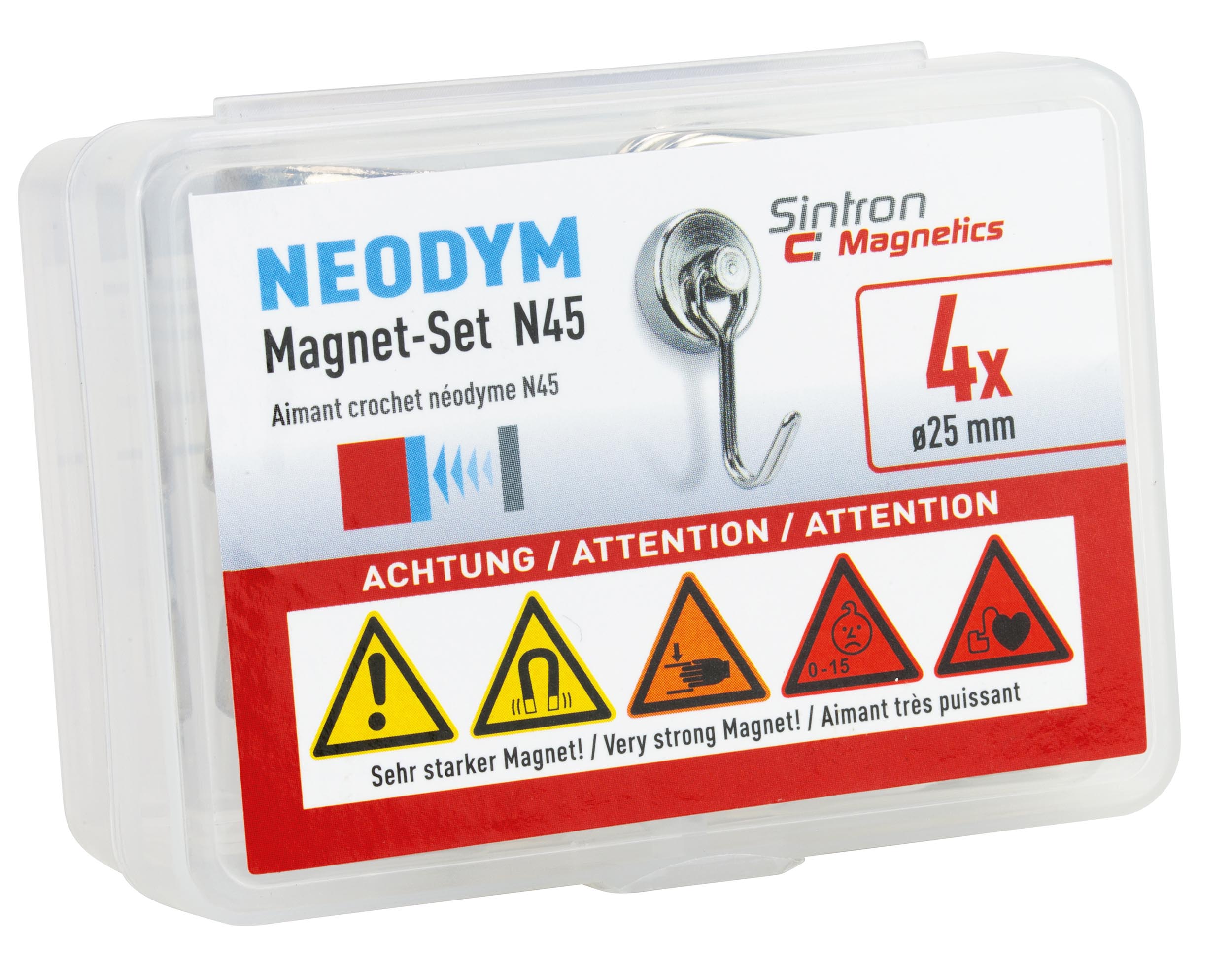 Neodym Magnethaken, 4 Stück, Ø 25 mm, Packshot.