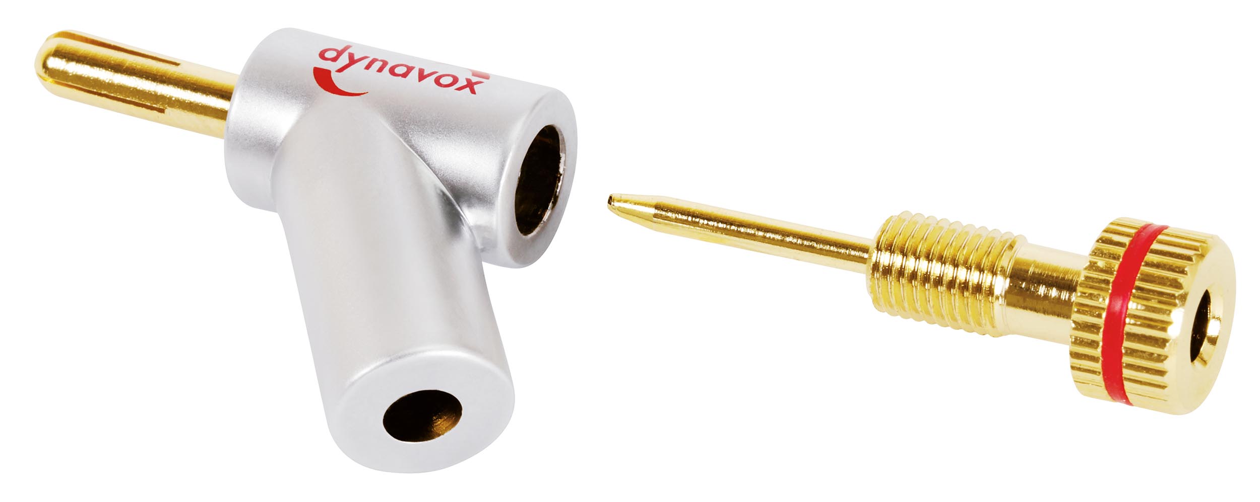 Dynavox Bananenstecker mit Spreizfixierung abgewinkelt Detail.