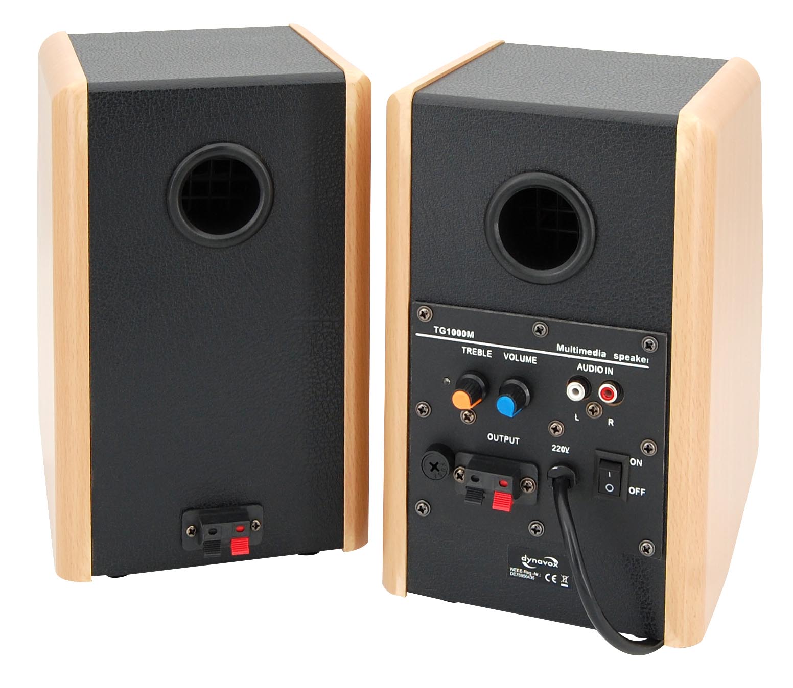 In einer Box steckt die Verstärkereinheit, mit Treble/Volume-Regler, die andere wird per Klippfix verbunden.