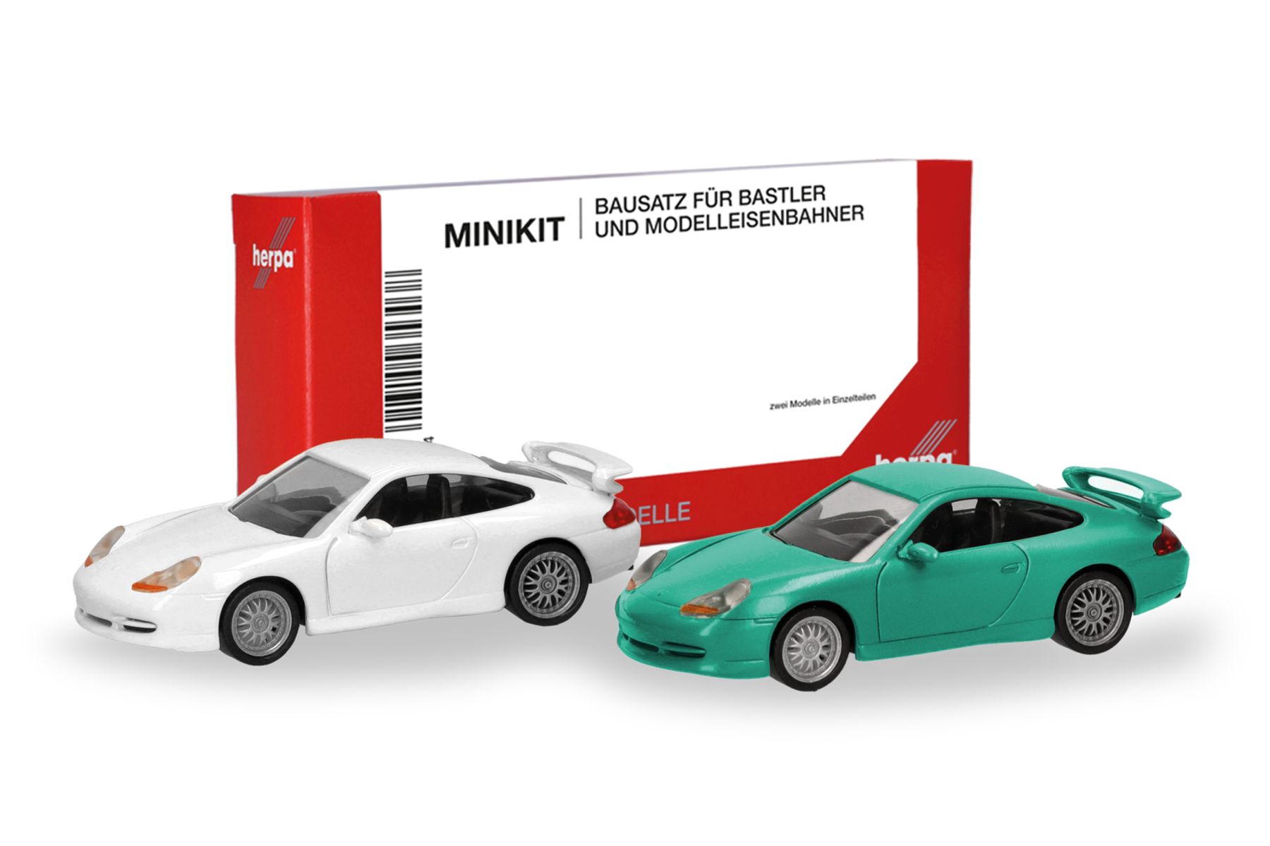 Herpa 014083 - MiniKit Porsche 911 GT3 (996) Grandprix Weiß und hellgrün, 2 Stück