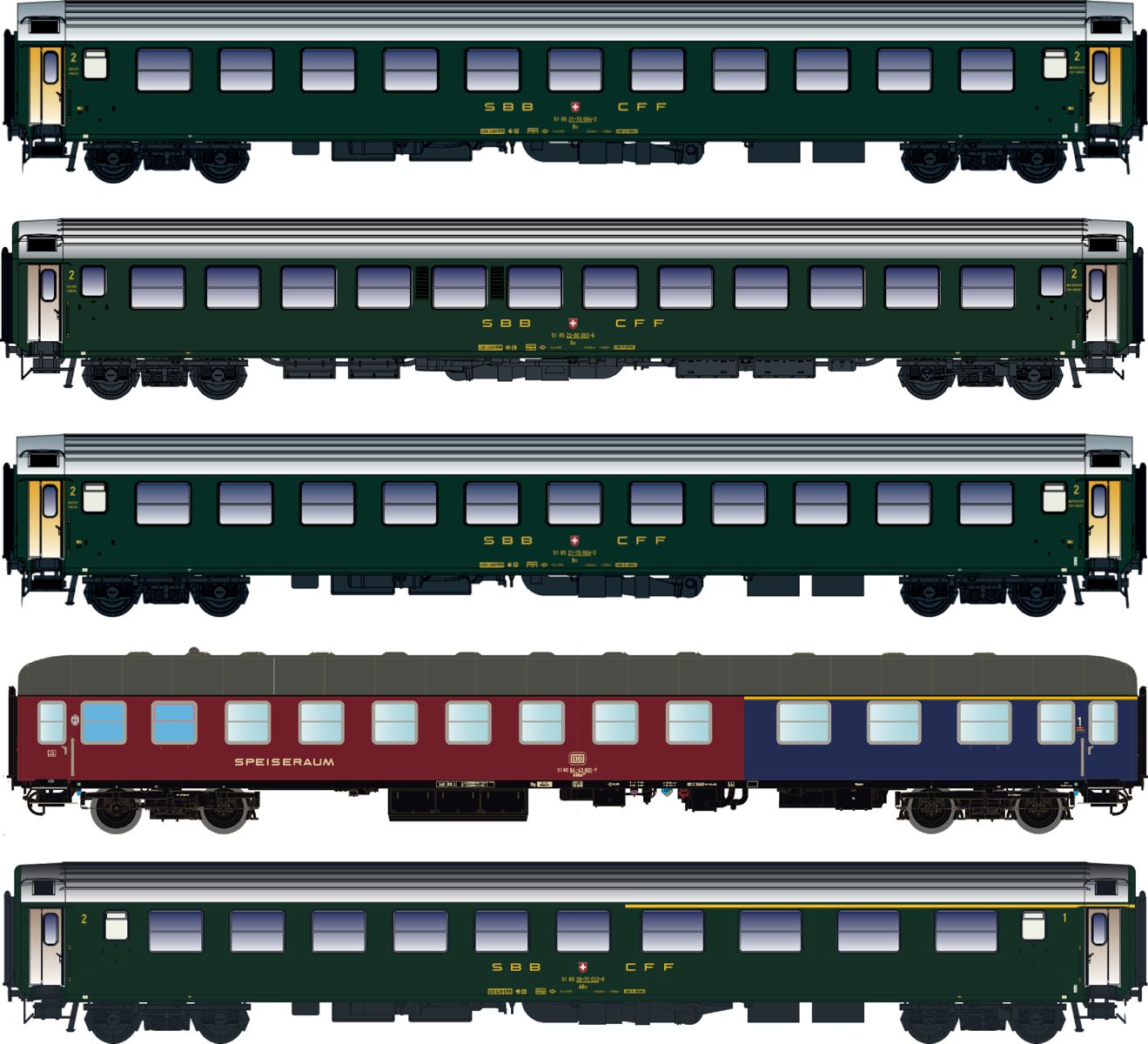 L.S. Models 97032AC - 5er Set Personenwagen D568, DB/SBB, Ep.IV, AC