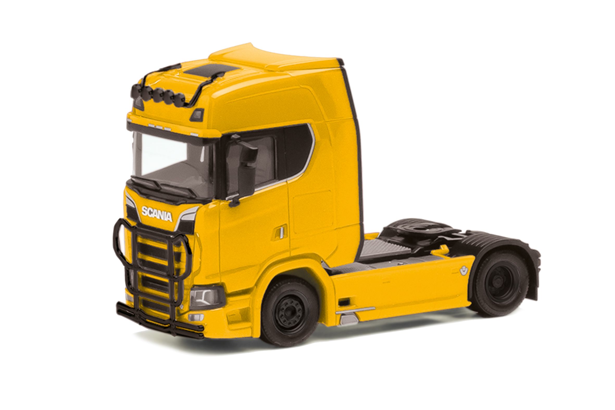 Herpa 310116-005 - Scania CS 20 HD Zugmaschine mit Lampenbügel und Rammschutz, 2achs, ginstergelb