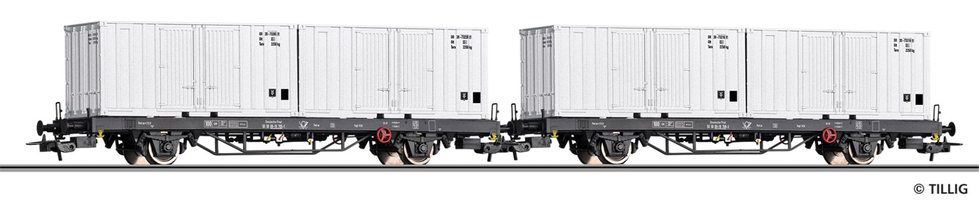 Tillig 70056 - 2er Set Containertragwagen Post aa-t/12,8, DR, Ep.IV
