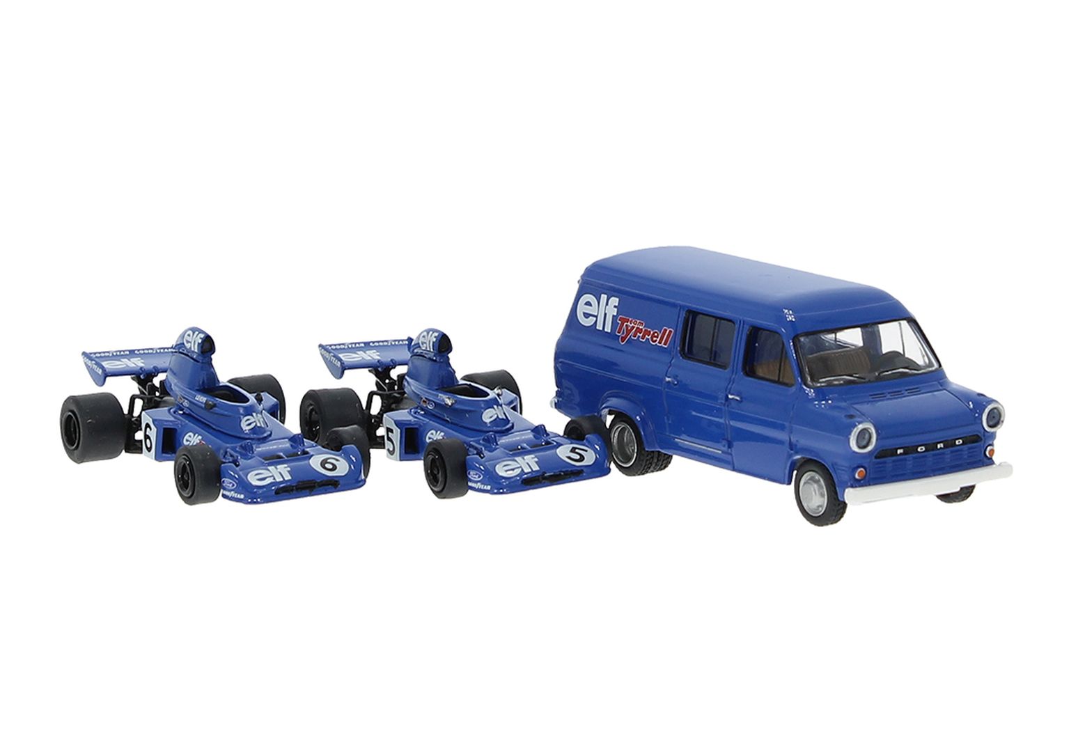 Brekina 22871 - Set 'Tyrrell 006' aus 1973 mit 2 Rennwagen und Ford Transit