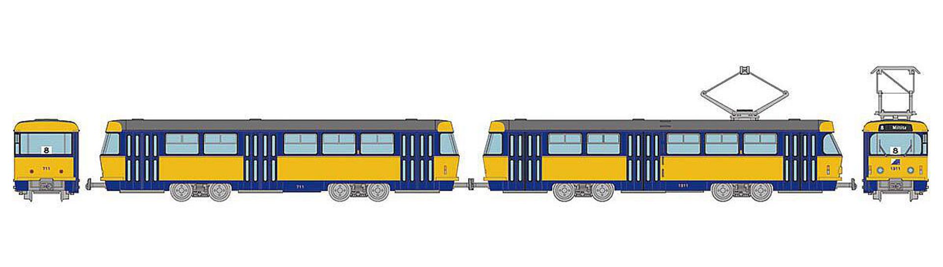 TOMYTEC 977821-AE - Leipziger Straßenbahn Tatra T4-B4, grau-blau-gelb, Ep.IV