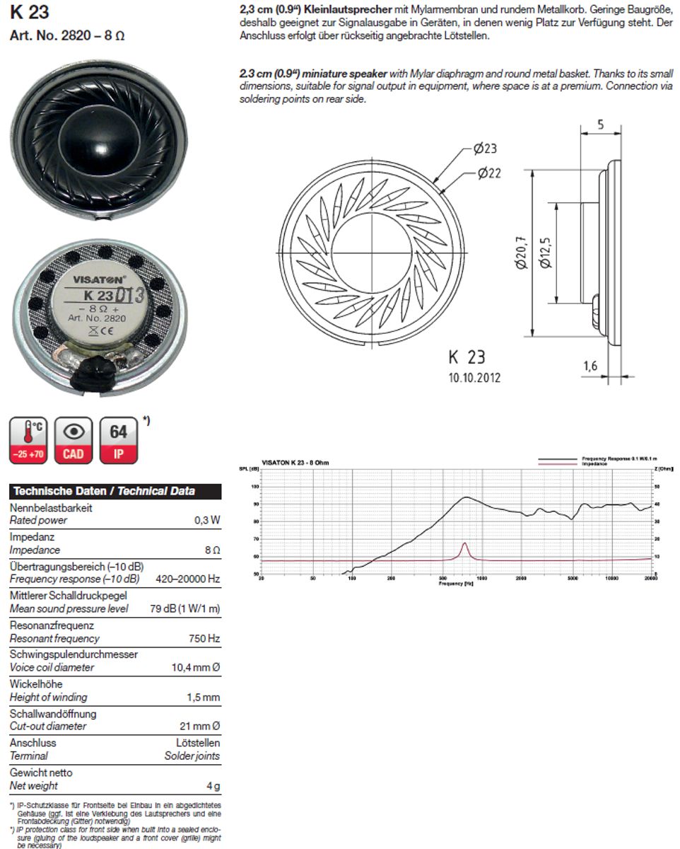 Visaton 2820 - K 23 - Kleinlautsprecher, D = 2,3 cm, 8 Ohm