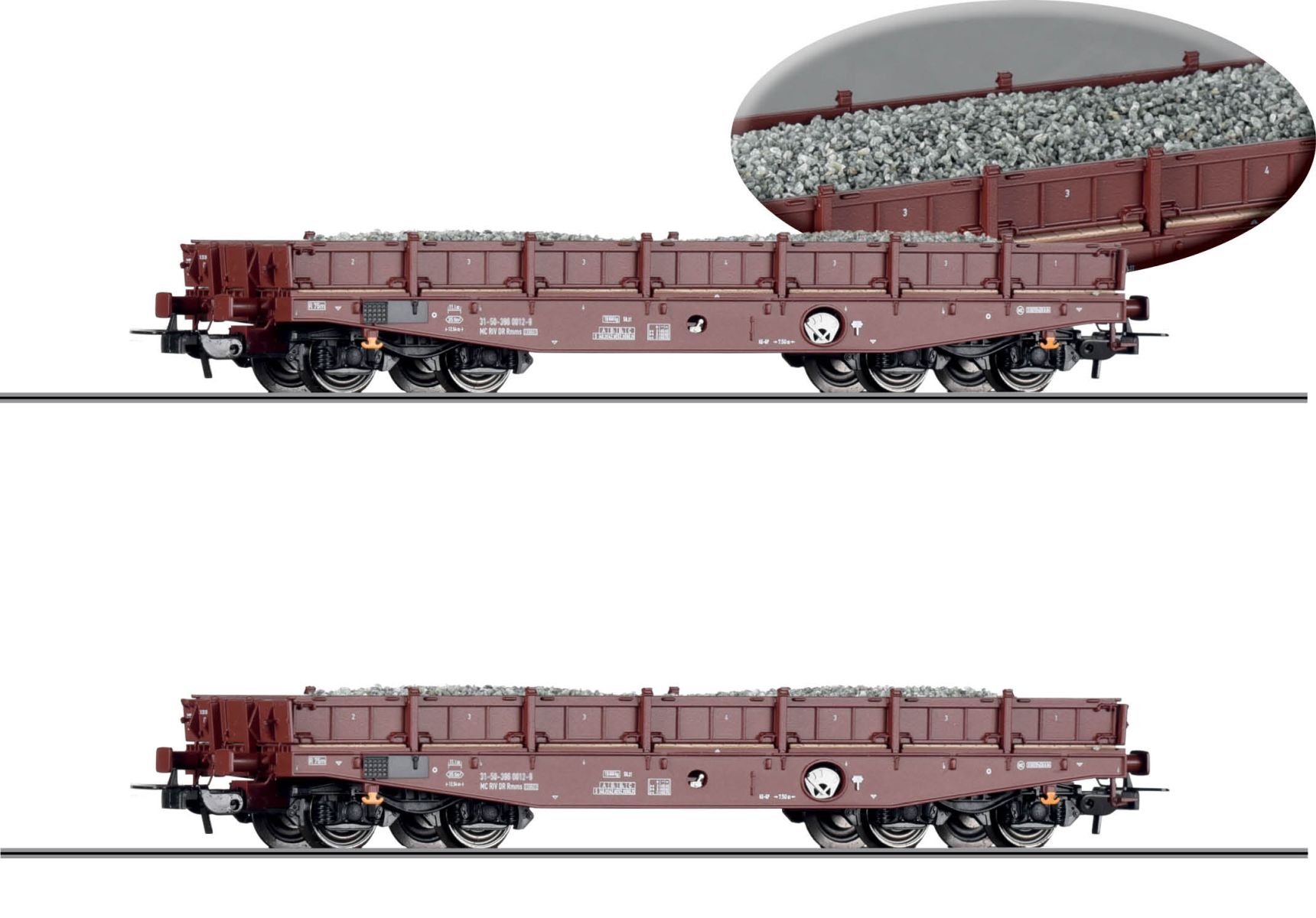 Tillig 70071 - 2er Set Schwerlastwagen Rmms 3960 beladen mit Neuschotter, DR, Ep.IV