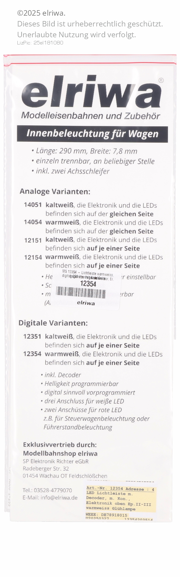 MS 12354 - Lichtleiste warmweiss, digital, 290 mm mit Kondensator, El. gegenüberliegende Seite