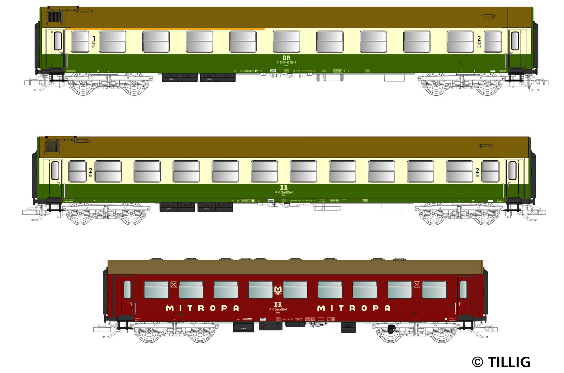 Tillig 502249-B - 3er Set Personenwagen, DR, Ep.IV, Set 1, mit Innenbeleuchtung