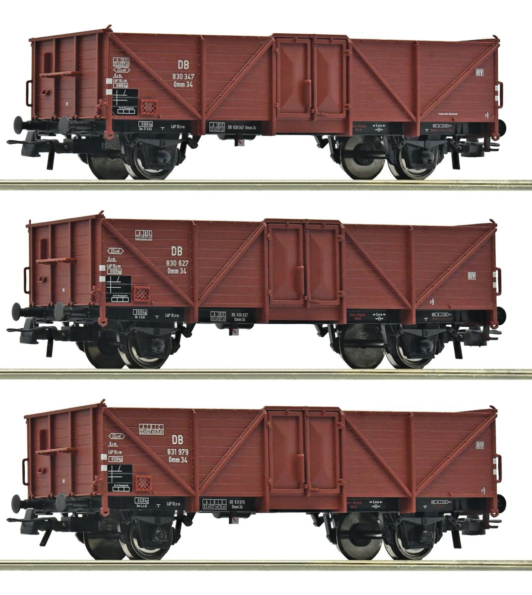Roco 6600075 - 3er Set offene Güterwagen Omm 34, DB, Ep.III