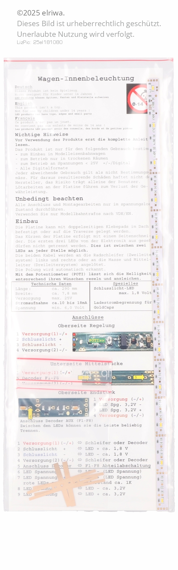 MS 12154 - Lichtleiste warmweiss, 290 mm mit Kondensator, 12 LED, El. gegenüberliegende Seite