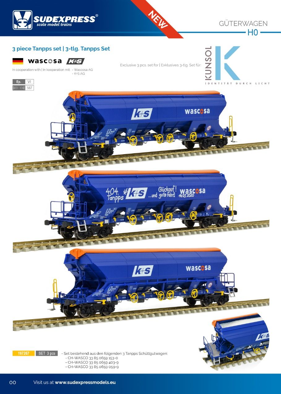 Sudexpress S197267 - 3er Set Schüttgutwagen Tanpps, Wascosa, Ep.VI 'k+s'