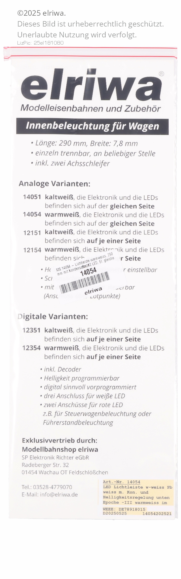 MS 14054 - Lichtleiste warmweiss, 290 mm mit Kondensator, 12 LED, El. gleiche Seite