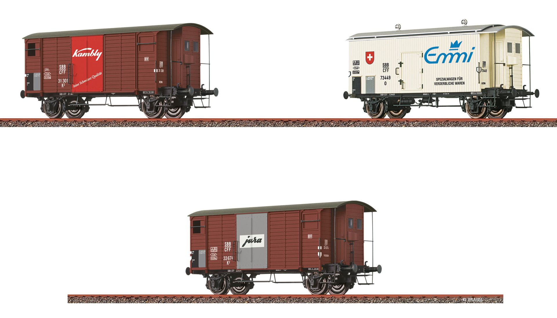 Brawa 50882 - 3er Set gedeckte Güterwagen mit schweizer Marken, SBB, Ep.III, AC-Radsätze