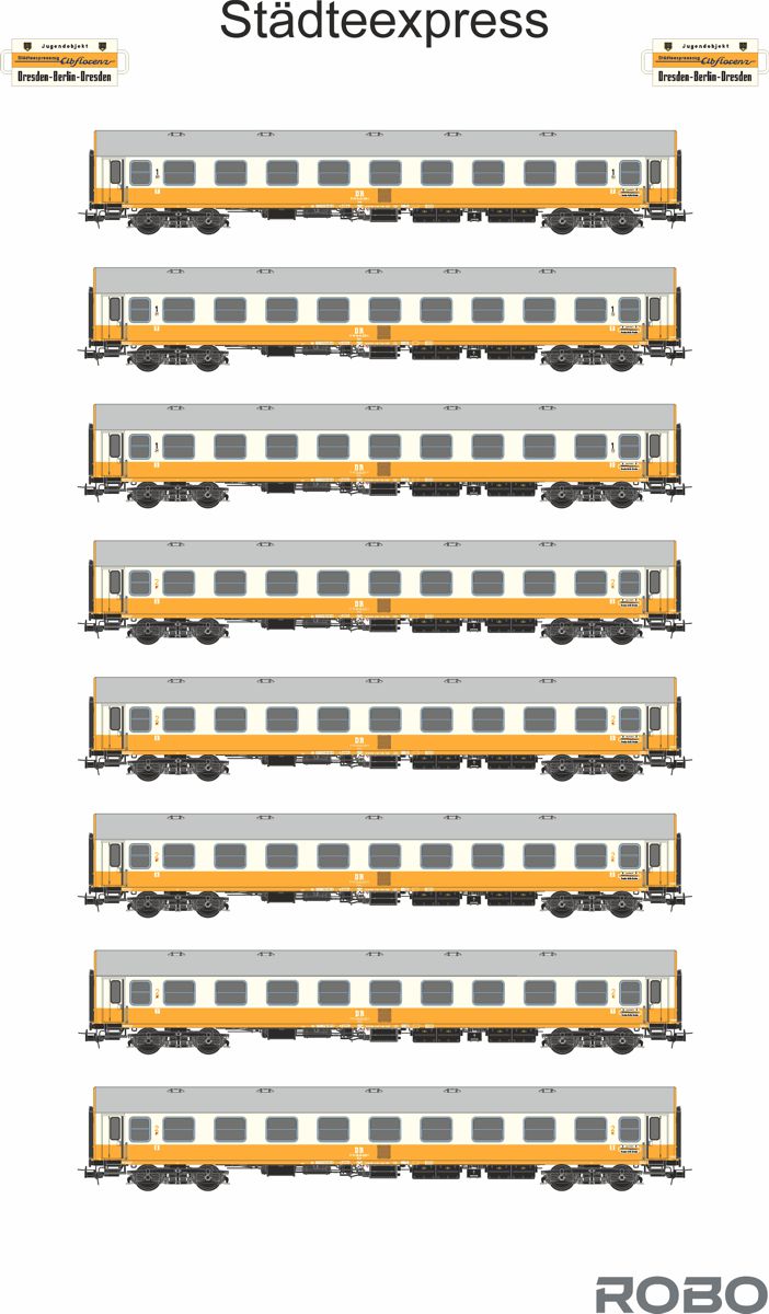 Robo 200111 - 8er Set Personenwagen 'Städteexpress', DR, Ep.IV, mit Innenbeleuchtung