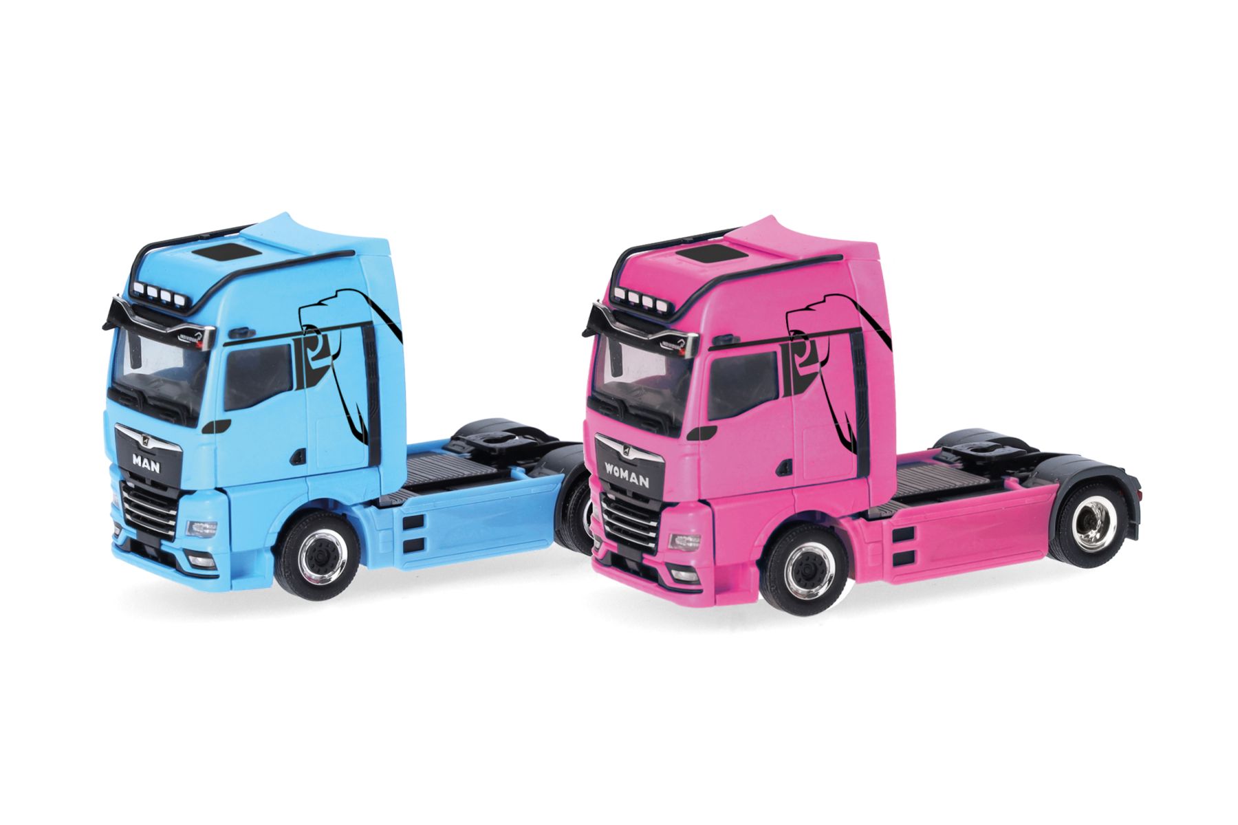 Herpa 319195 - Set WOMAN & MAN eTGX GX Zugmaschinen, 2achs, hellblau und pink