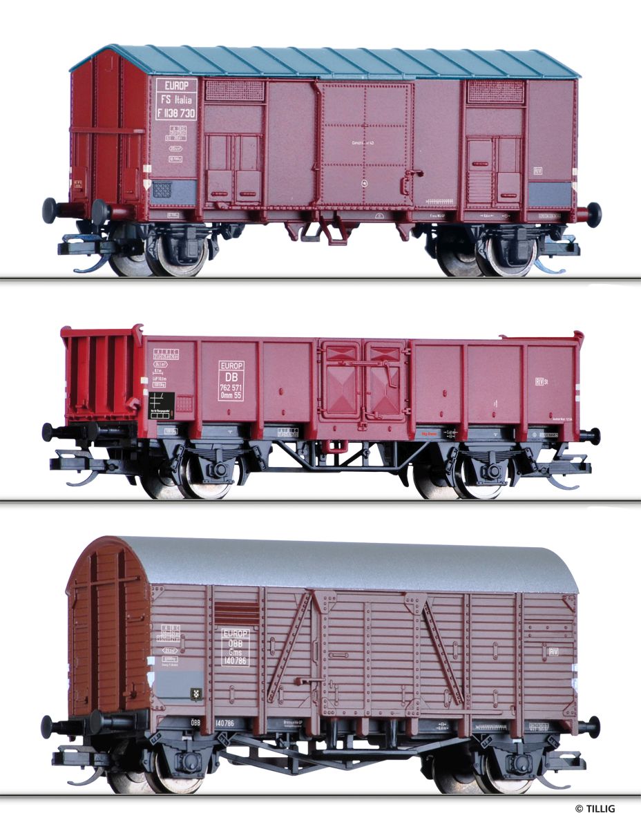 Tillig 01001 - 3er Set Güterwagen, FS, ÖBB, DB, Ep.III